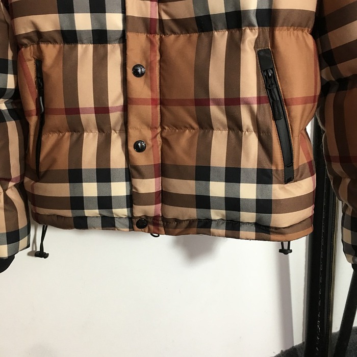 Contrast Plaid Detachable Sleeve Drawstring Waist Hooded Puffer Jacket