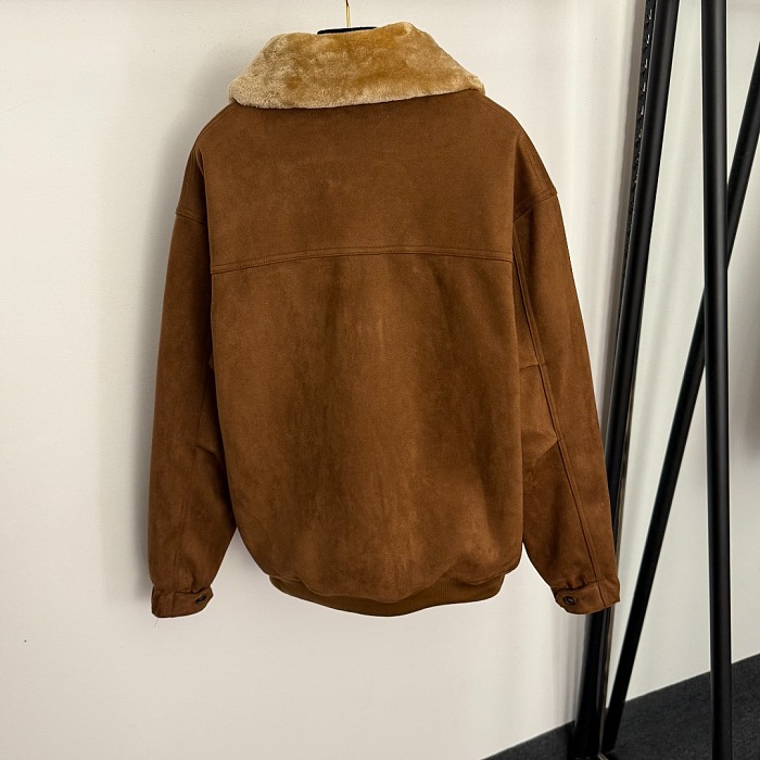 Diamond Quilted Faux Suede Zip Lapel Coat With Detachable Fur Collar