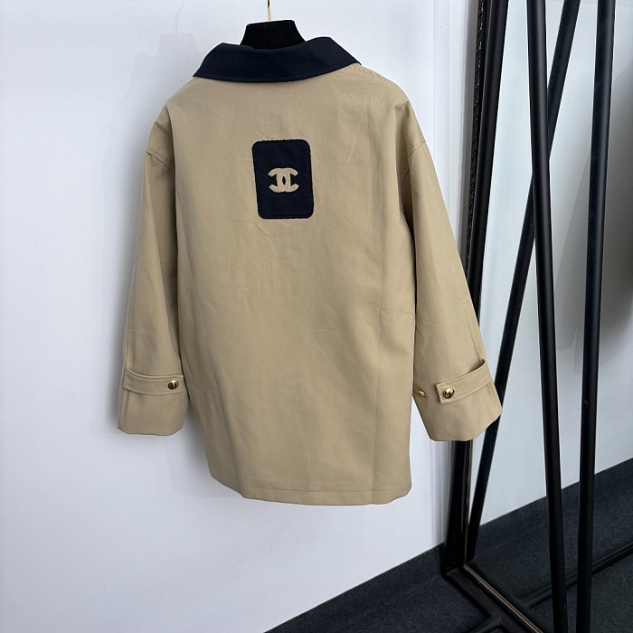 Colorblock Graphic Patch Lapel Collar Long Sleeve Trench Coat