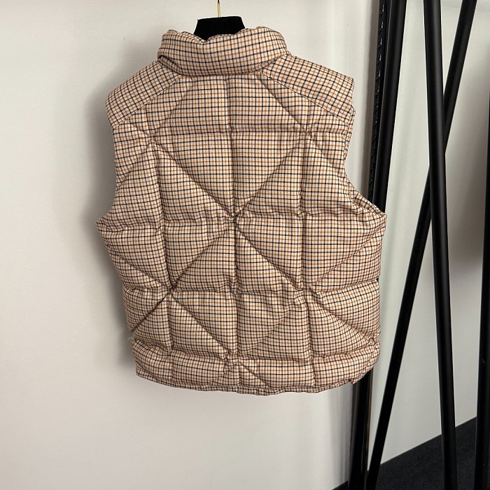 Vintage Plaid Embroidered Badge Cotton Puffer Vest Outerwear
