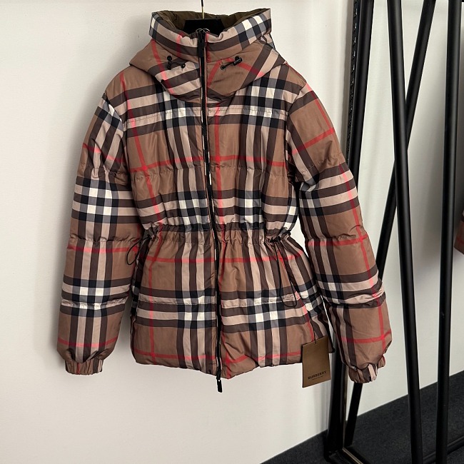 Colorblock Plaid Reversible Drawstring Waist Stand Collar Puffer Jacket