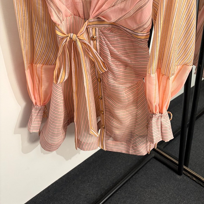 Asymmetrical Color Block Striped Self Tie Lantern Sleeve Mini Dress