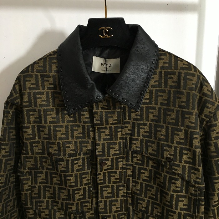 Vintage Monogram Jacquard Faux Leather Trim Lapel Trench Jacket