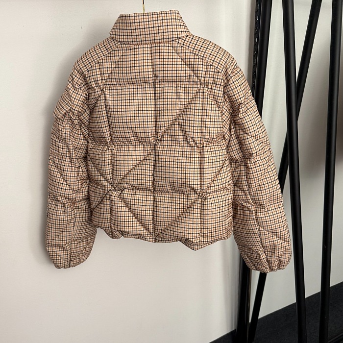 Vintage Plaid Stand Collar Embroidered Arm Patch Padded Cotton Coat