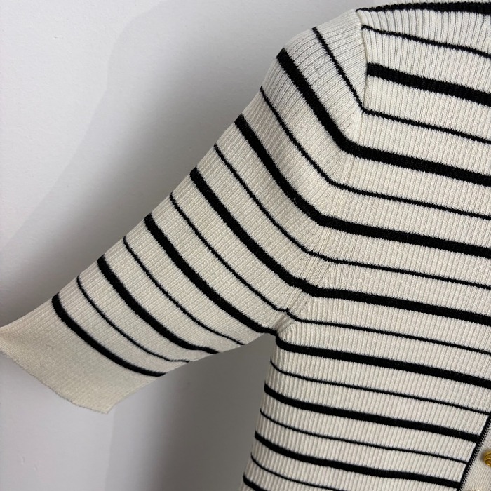 Striped Half Button Knit Top With Chic Metallic Buttons
