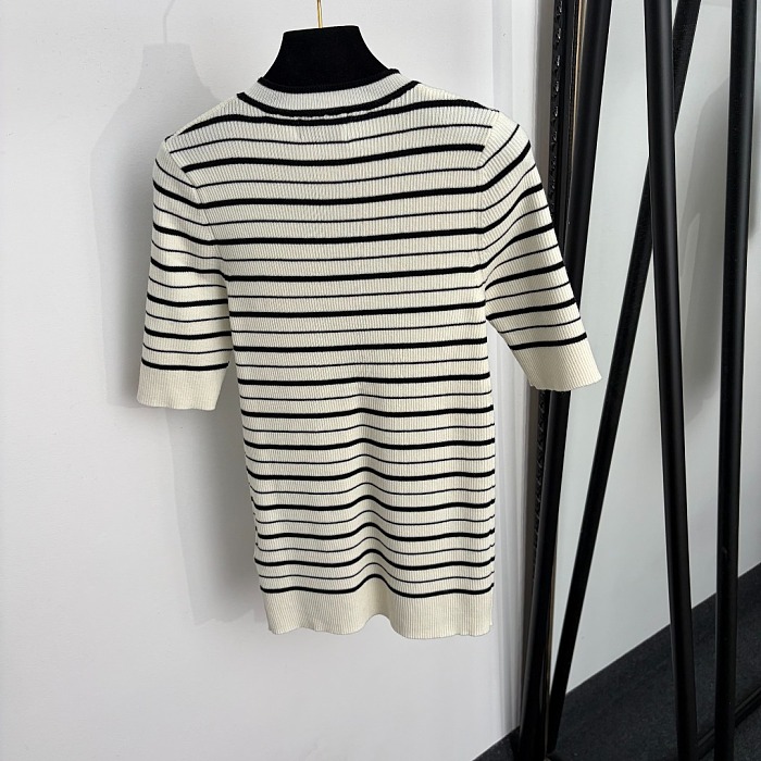 Striped Half Button Knit Top With Chic Metallic Buttons