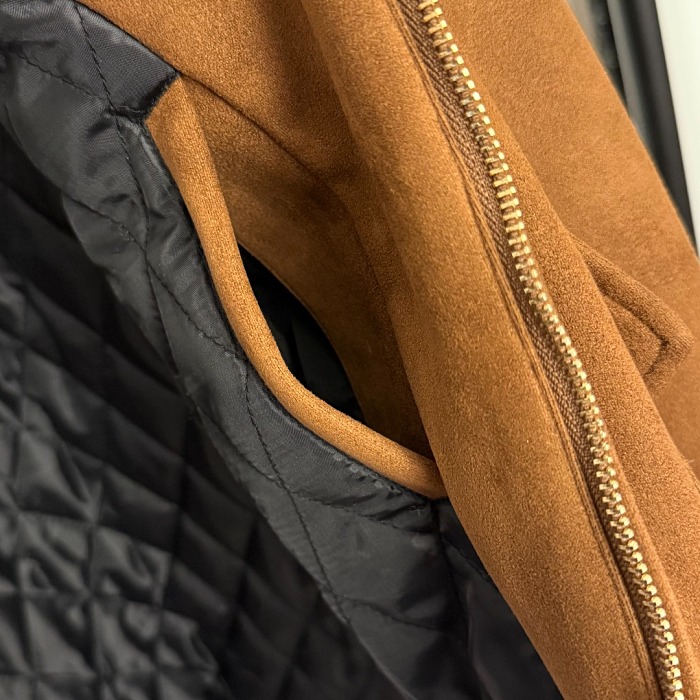 Diamond Quilted Faux Suede Zip Lapel Coat With Detachable Fur Collar