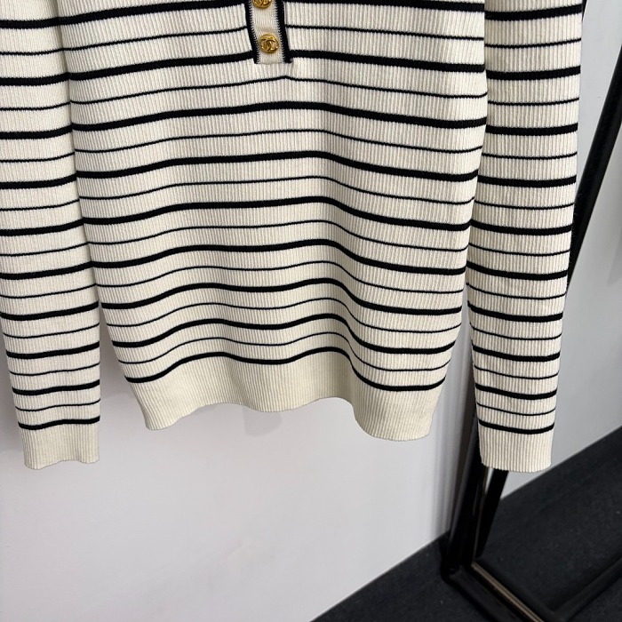 Chic Metallic Button Half Placket Striped Long Sleeve Knit Top