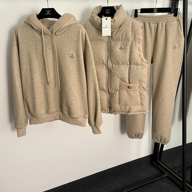 Cozy Icon Detail Puffer Vest Fleece Hoodie Three Piece Set