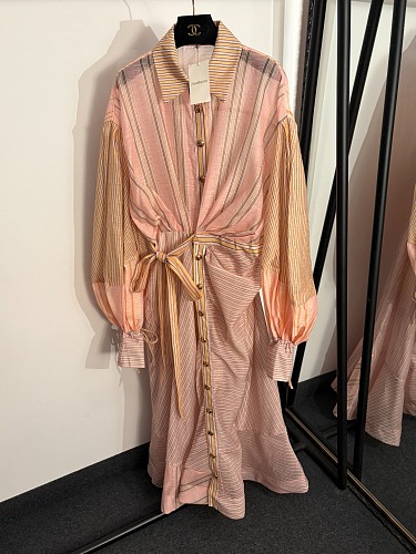 Asymmetric Colorblock Striped Lace Up Cinched Waist Lantern Sleeve Maxi Dress