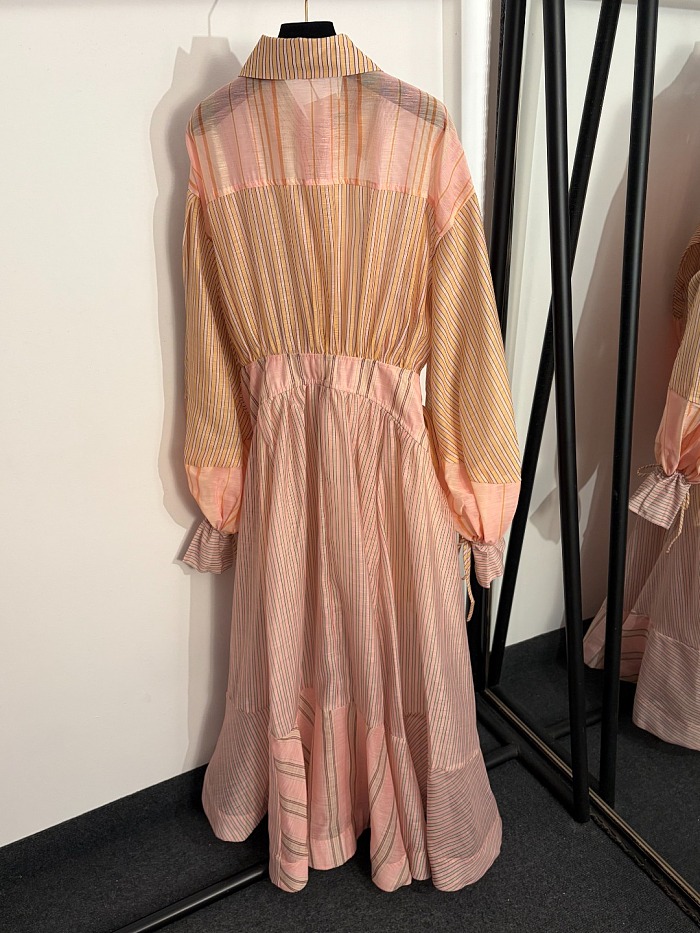 Asymmetric Colorblock Striped Lace Up Cinched Waist Lantern Sleeve Maxi Dress