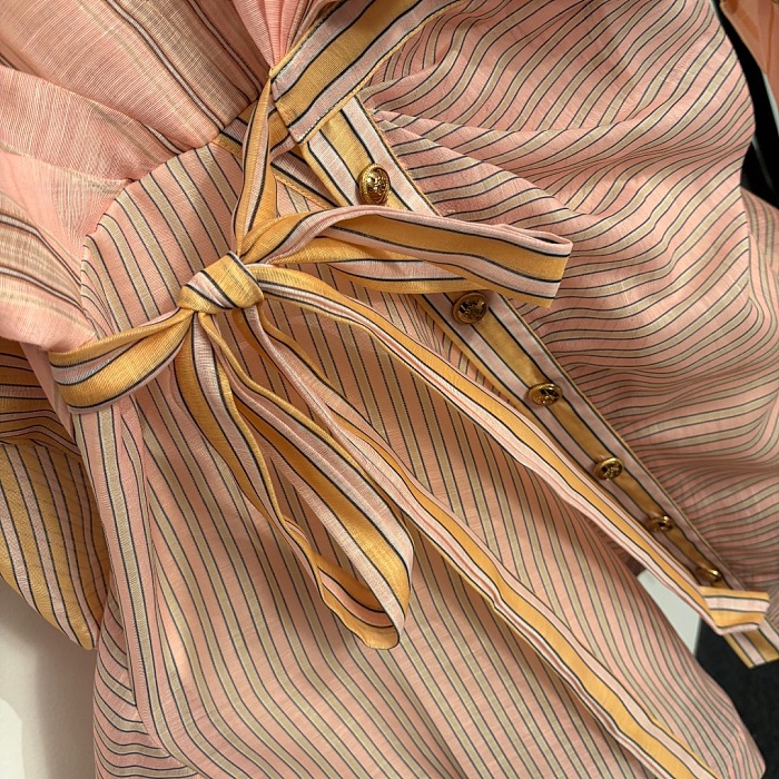 Asymmetric Colorblock Striped Lace Up Cinched Waist Lantern Sleeve Maxi Dress