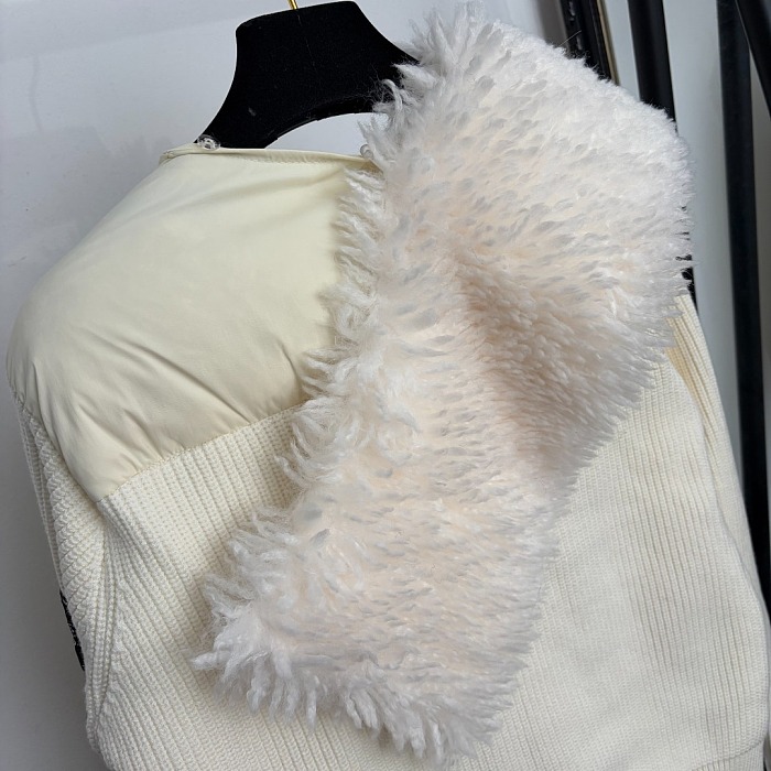 Side Letter Embroidery Detachable Faux Fur Collar Knit Patchwork Slim Puffer Jacket