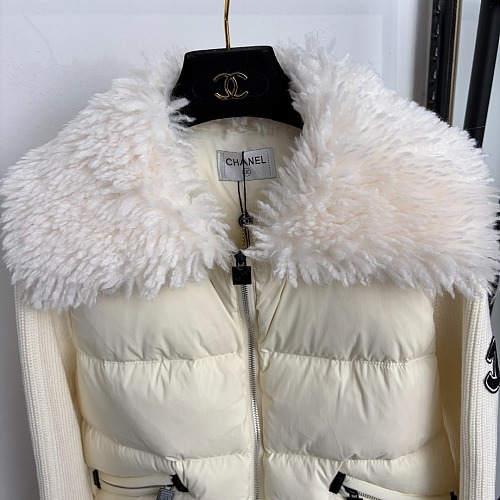 Side Letter Embroidery Detachable Faux Fur Collar Knit Patchwork Slim Puffer Jacket