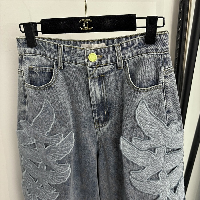 Distressed Embroidered Dove High Waisted Wide Leg Jeans