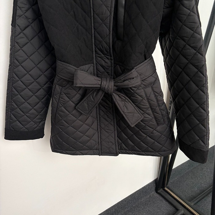 Diamond Quilted Faux Suede PU Lapel Belted Puffer Jacket