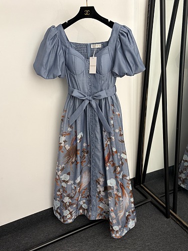 Vintage Floral Bird Print Tie Waist Puff Sleeve Maxi Dress
