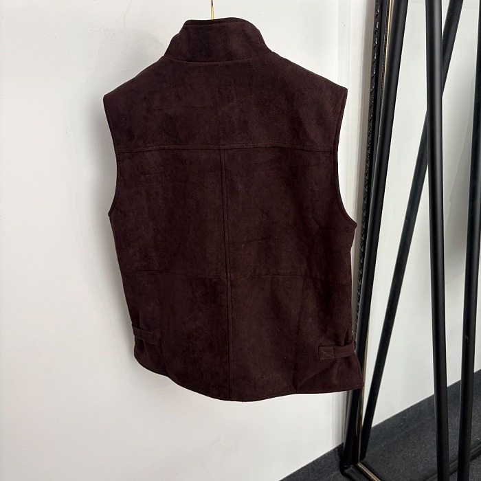 Faux Suede Double Pocket Utility Stand Collar Sleeveless Vest