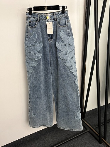 Distressed Embroidered Dove High Waisted Wide Leg Jeans