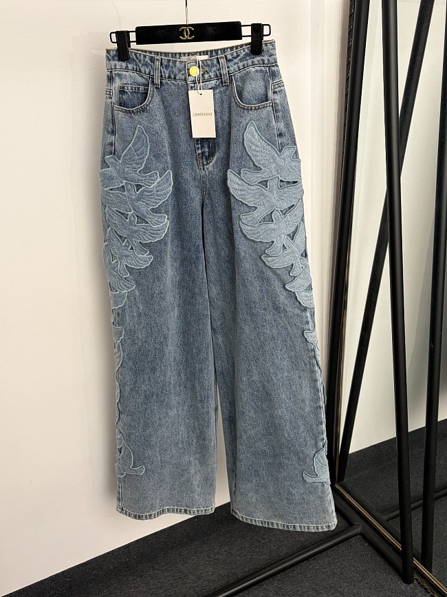 Distressed Embroidered Dove High Waisted Wide Leg Jeans