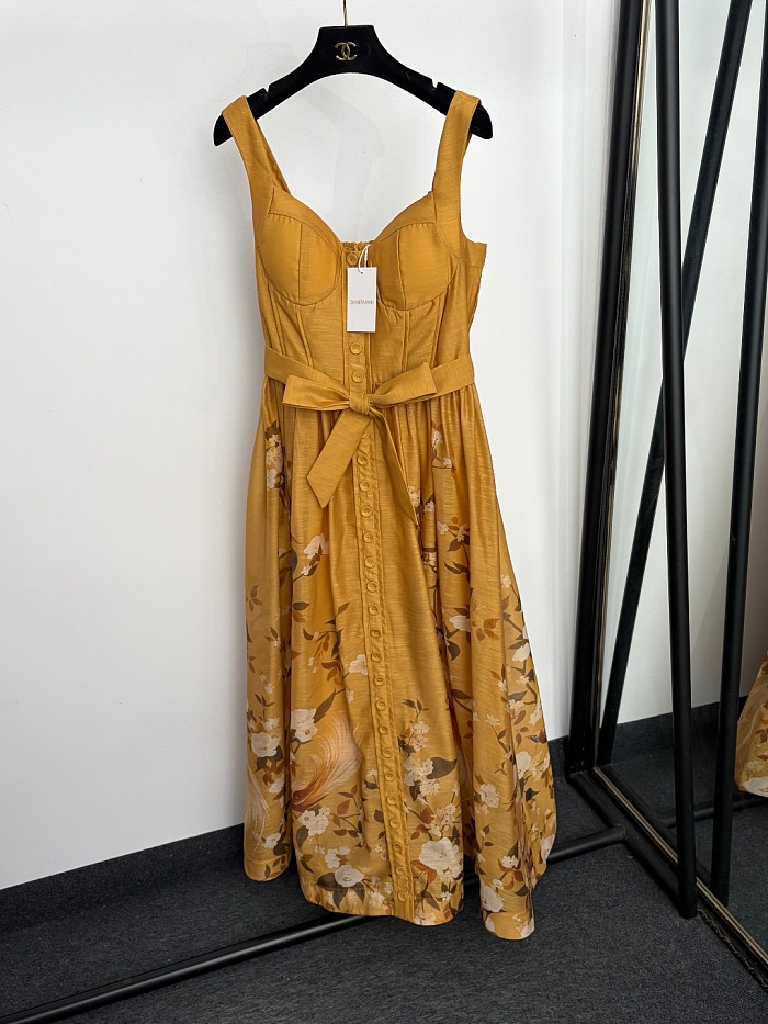 Vintage Floral Print Tie Waist Strapless Cami Maxi Dress