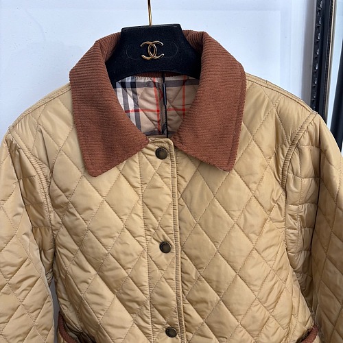 Quilted Corduroy Turn Down Collar Plaid Lining Puffer Jacket