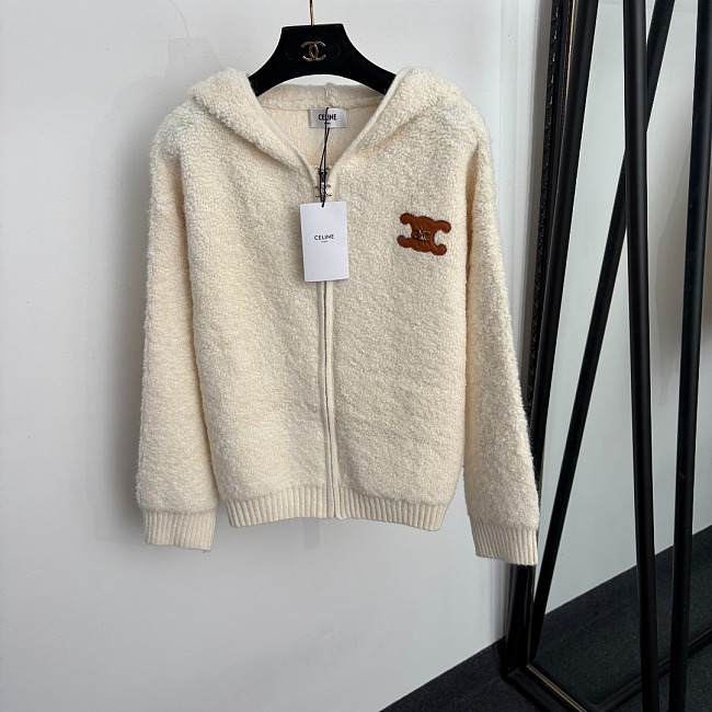 Metallic Patch Zip Up Hooded Knit Cardigan