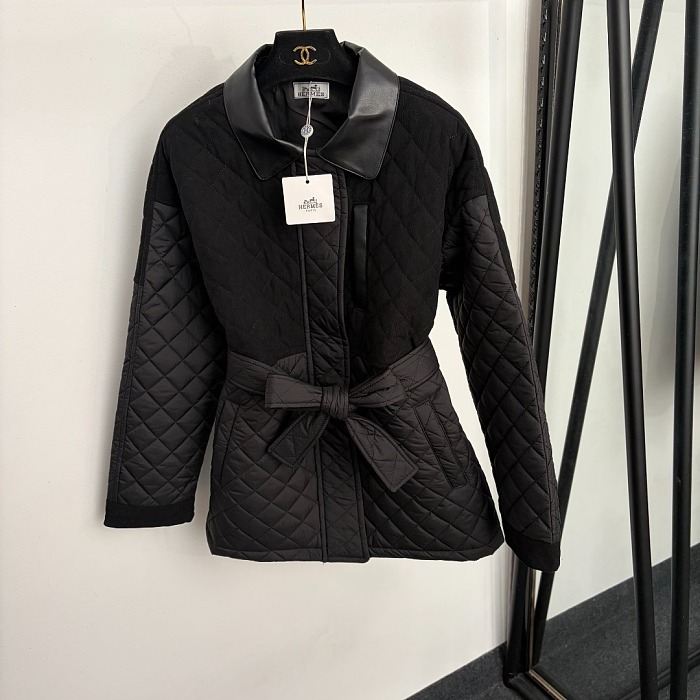 Diamond Quilted Faux Suede PU Lapel Belted Puffer Jacket