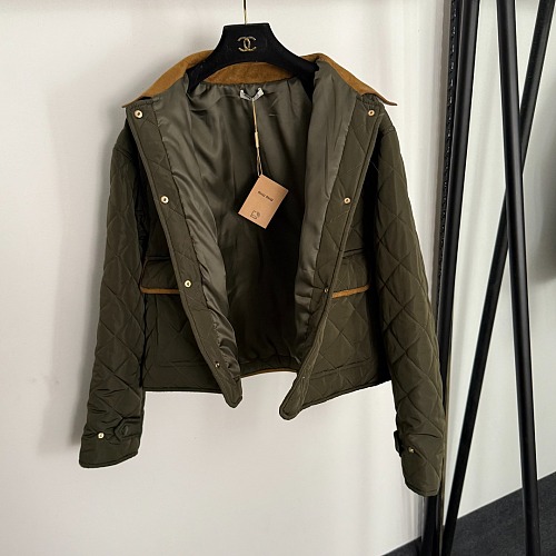 Quilted Corduroy Lapel Long Sleeve Puffer Jacket With Back Letter Embroidery