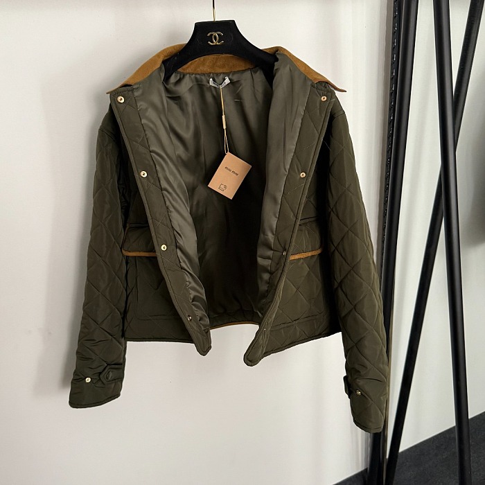 Quilted Corduroy Lapel Long Sleeve Puffer Jacket With Back Letter Embroidery