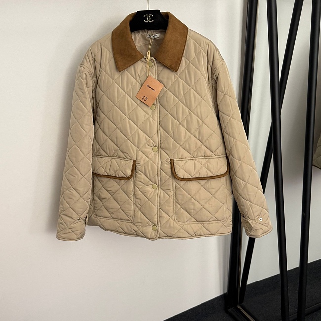 Quilted Corduroy Lapel Long Sleeve Puffer Jacket With Back Letter Embroidery