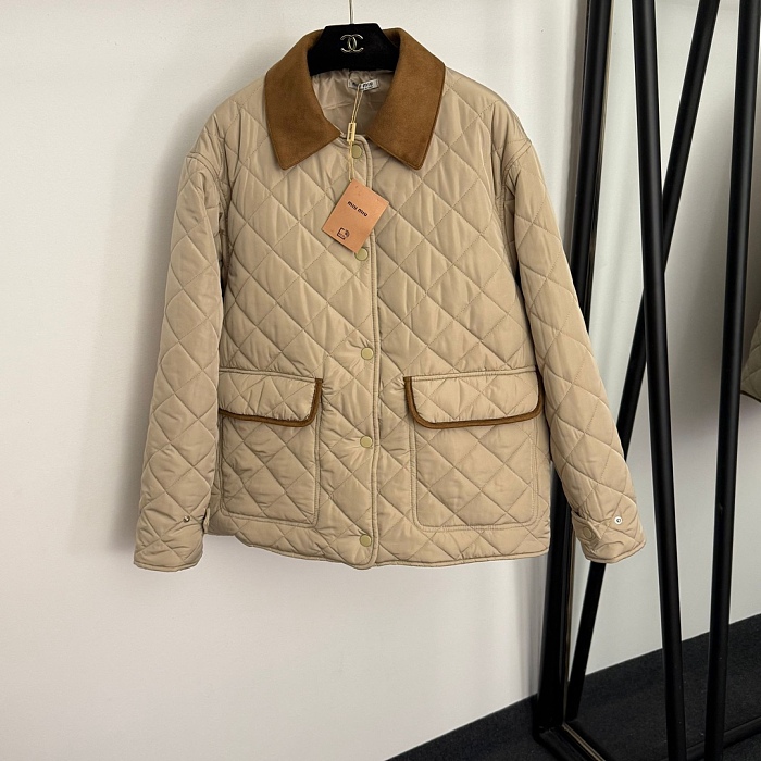 Quilted Corduroy Lapel Long Sleeve Puffer Jacket With Back Letter Embroidery