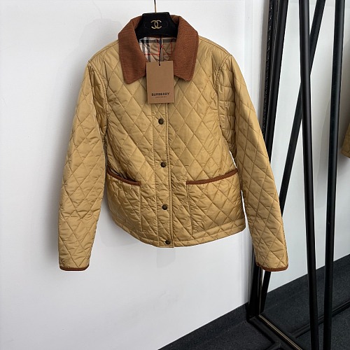 Quilted Corduroy Turn Down Collar Plaid Lining Puffer Jacket