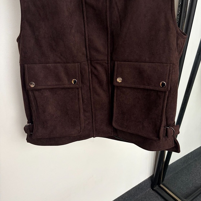 Faux Suede Double Pocket Utility Stand Collar Sleeveless Vest