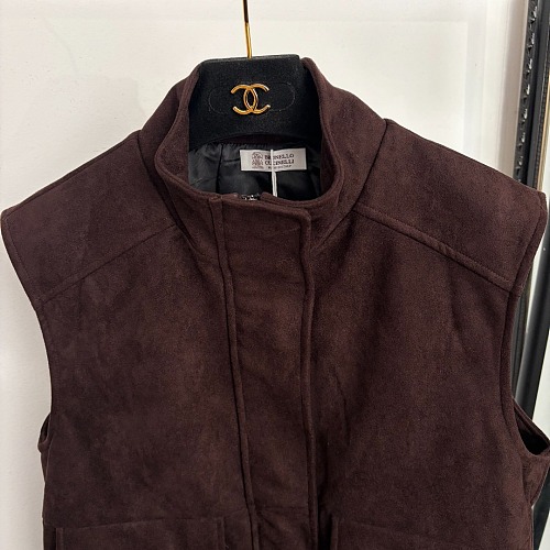 Faux Suede Double Pocket Utility Stand Collar Sleeveless Vest