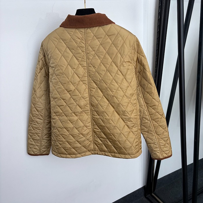 Quilted Corduroy Turn Down Collar Plaid Lining Puffer Jacket