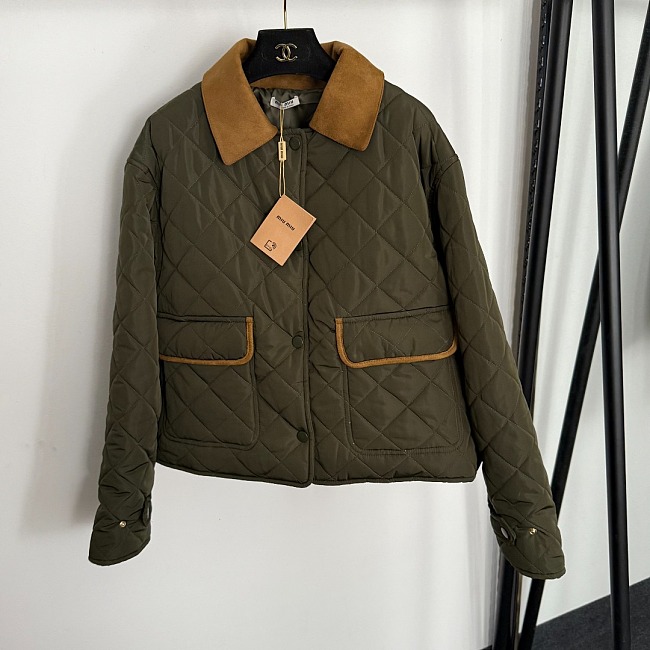 Quilted Corduroy Lapel Long Sleeve Puffer Jacket With Back Letter Embroidery