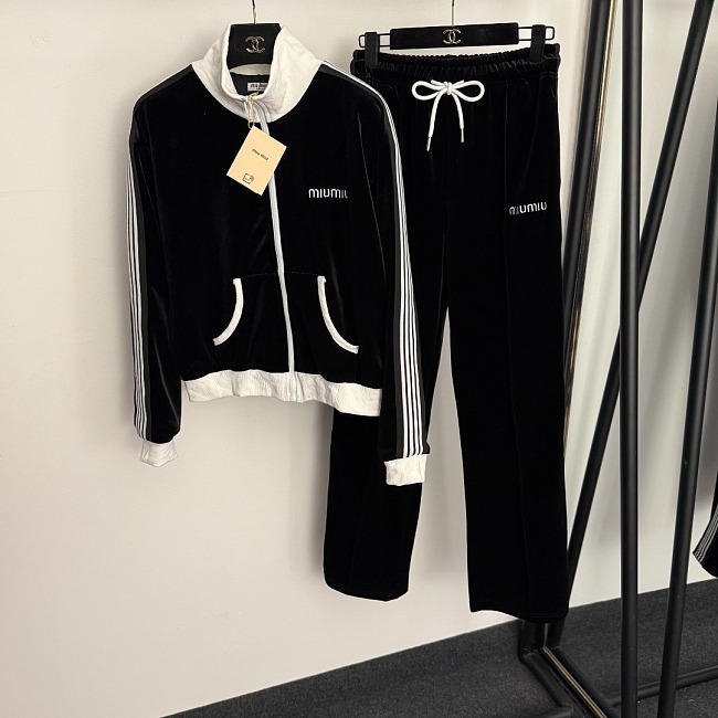 Luxe Velvet Stand Collar Zip Up Jacket And Track Pants Set