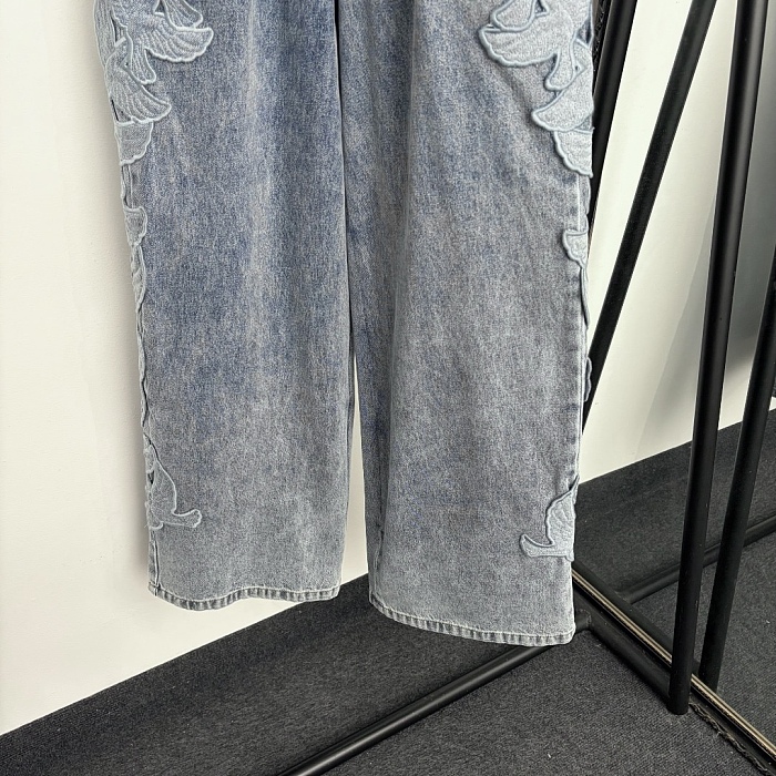 Distressed Embroidered Dove High Waisted Wide Leg Jeans