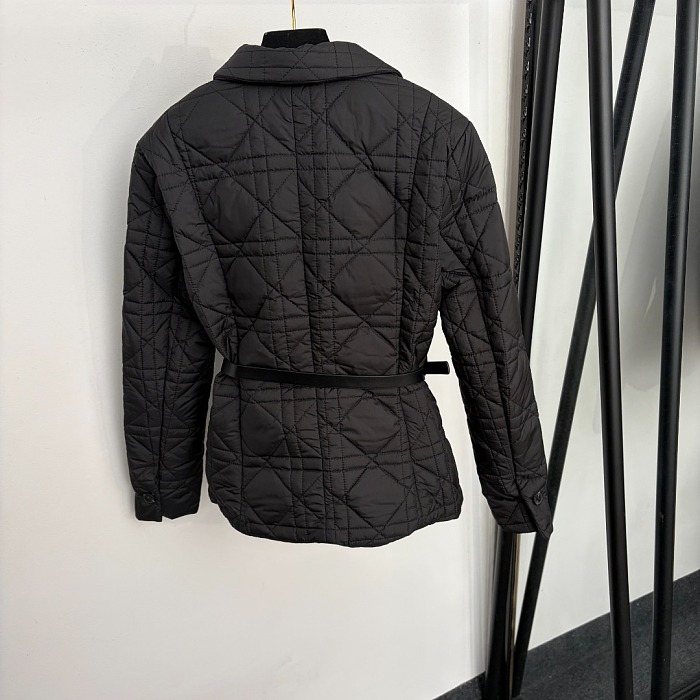 Diamond Quilted Embroidered Slim Fit Belted Puffer Jacket