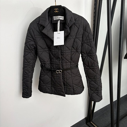 Diamond Quilted Embroidered Slim Fit Belted Puffer Jacket