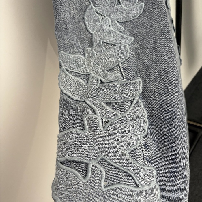 Distressed Embroidered Dove High Waisted Wide Leg Jeans