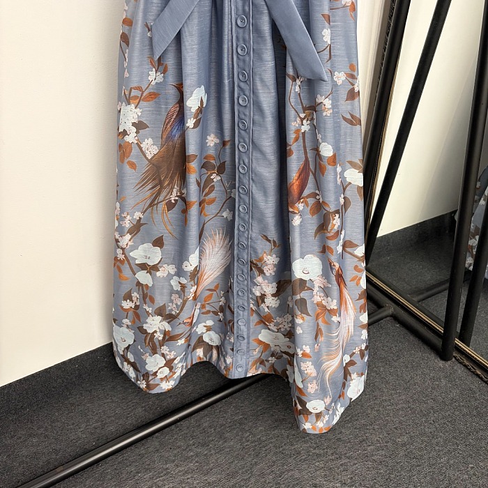 Vintage Floral Bird Print Tie Waist Puff Sleeve Maxi Dress