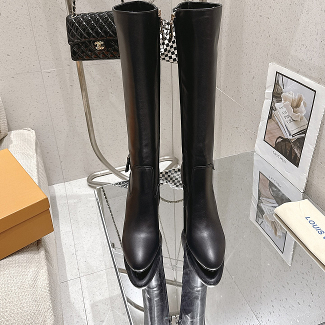 Chunky High Heel Leather Knee High Boots With Side Zip And Belt Detail