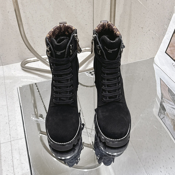 Black Suede Lace Up Chunky Heel Lug Sole Ankle Boots