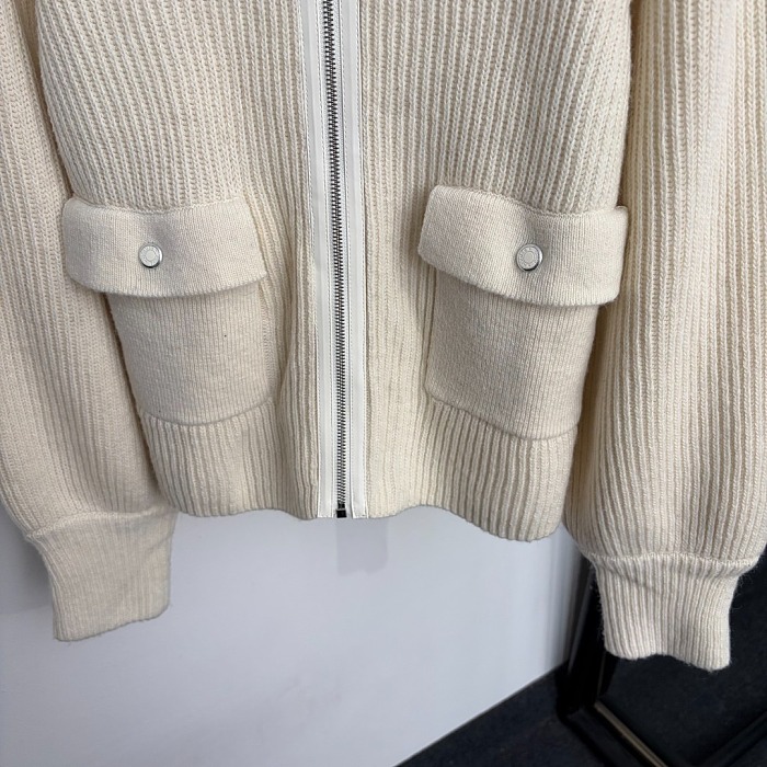 Dual Flap Pocket Lapel Zip Up Wool Knit Cardigan