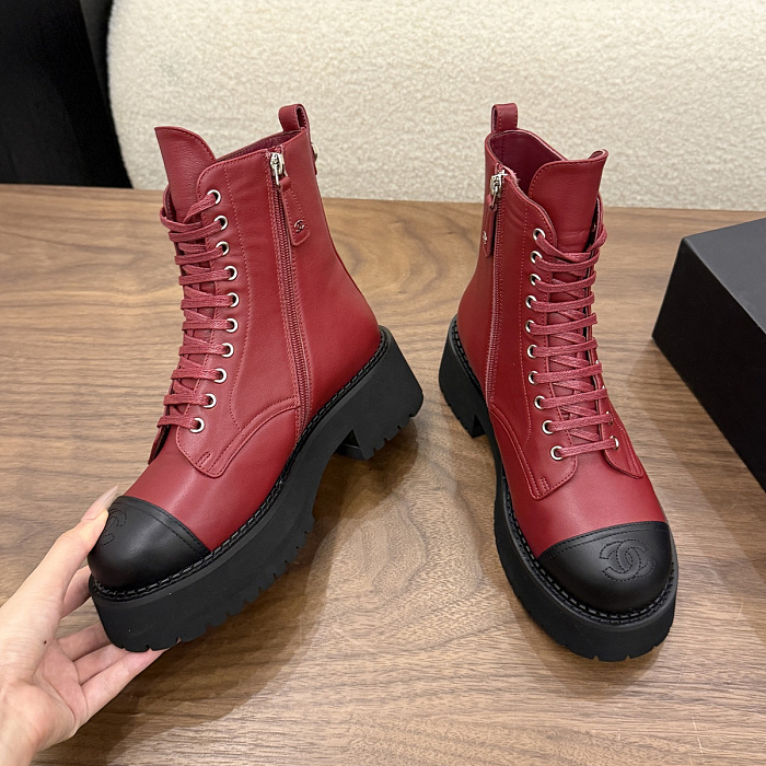 Burgundy Lace Up Chunky Lug Sole Combat Boots With Black Cap Toe