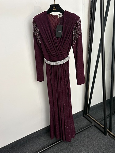 Fringed Sequin V-Neck Long Sleeve Maxi Party Dress