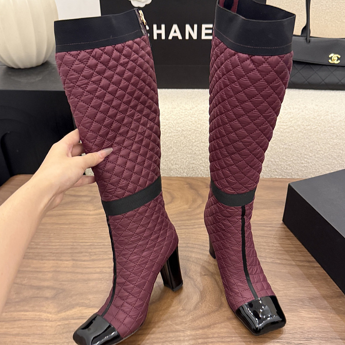 Quilted Fabric High Heel Long Boots With Pocket And Contrast Cap Toe