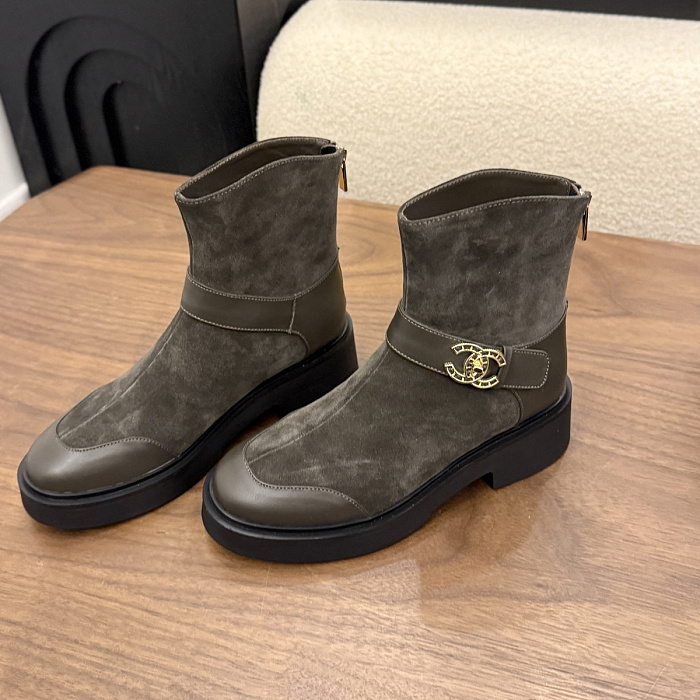 Chunky Platform Suede Ankle Boots With Metal Buckle Detail